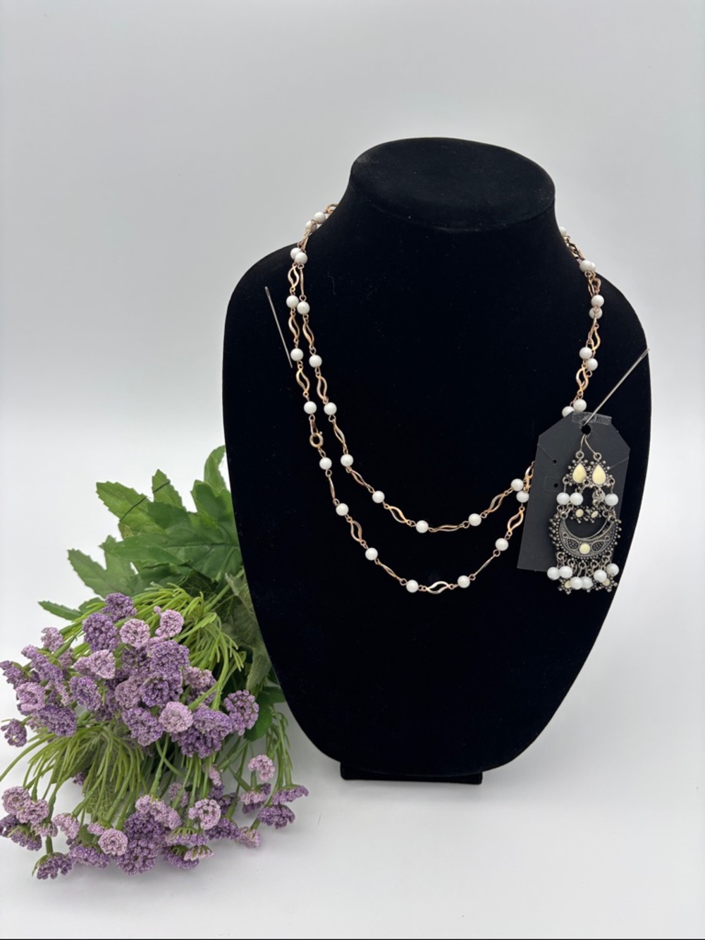 Boho White Beaded Necklace Earrings Set Gold Tone Layered Statement